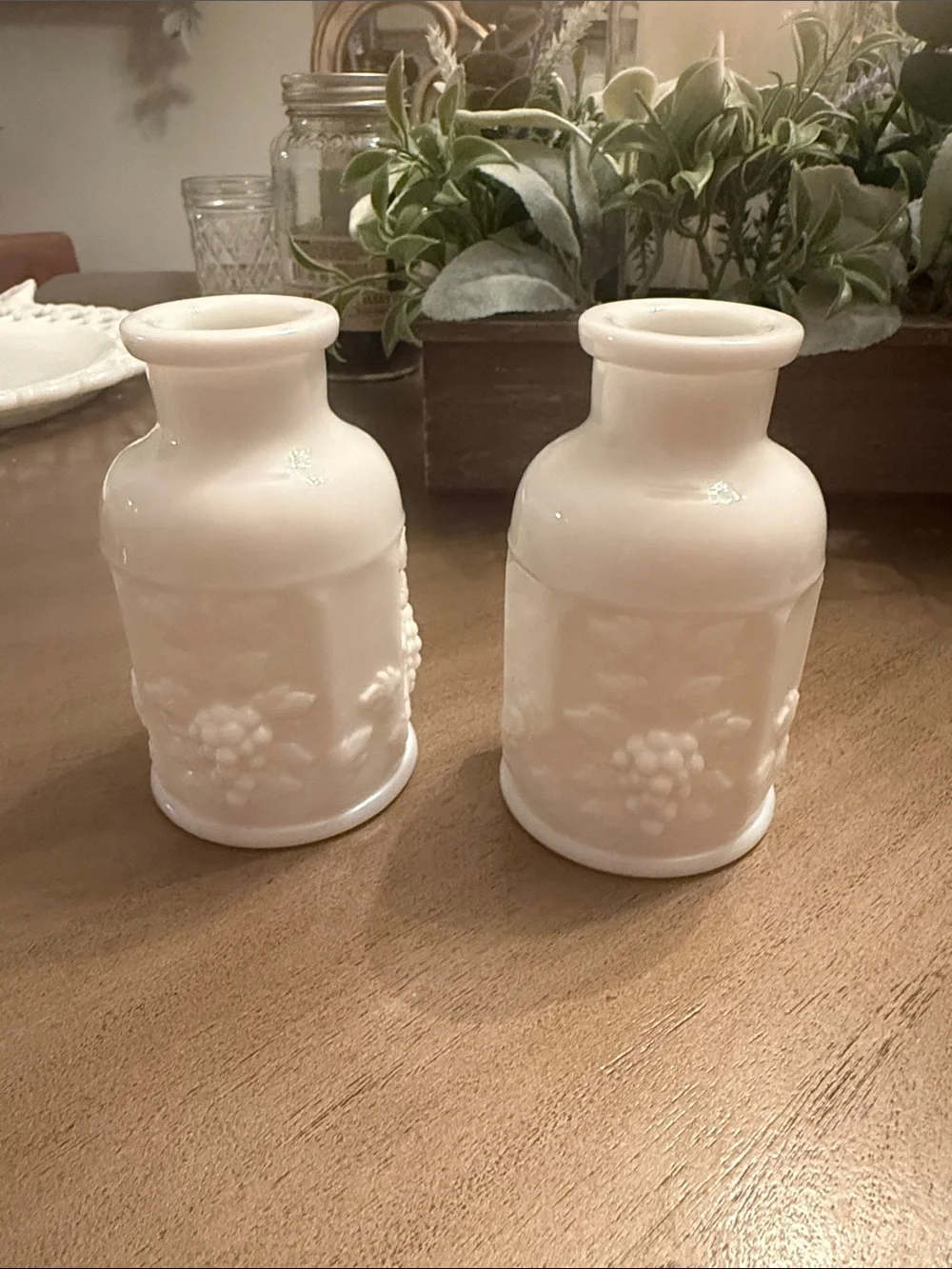 Westmoreland White Milk Glass Grape Embossed Vase Pair